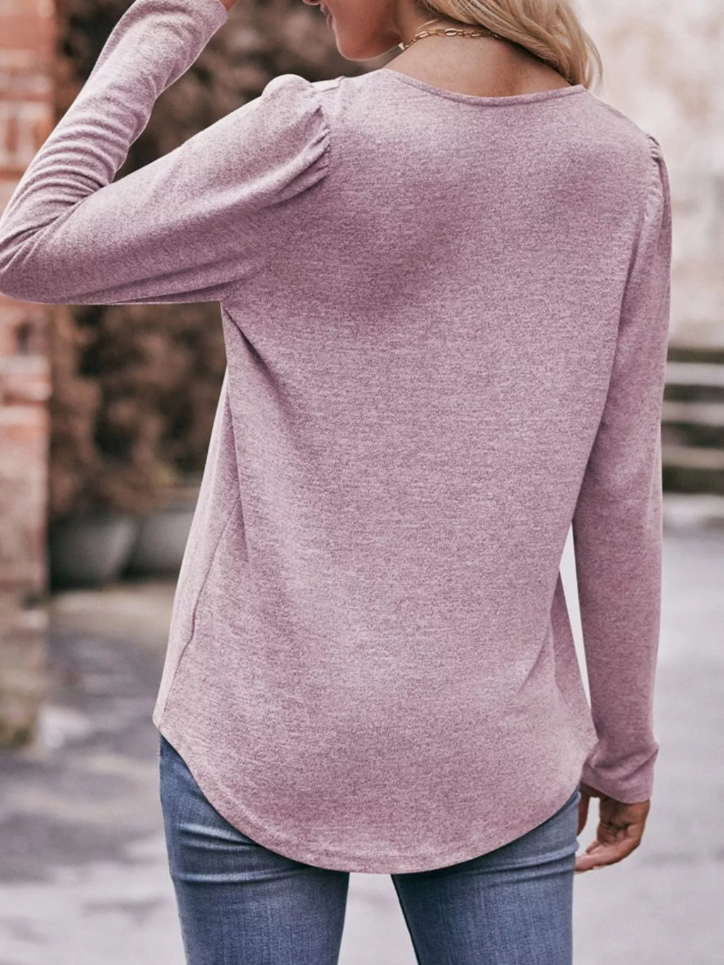 Pleated Square Neck Long Sleeve T-Shirt