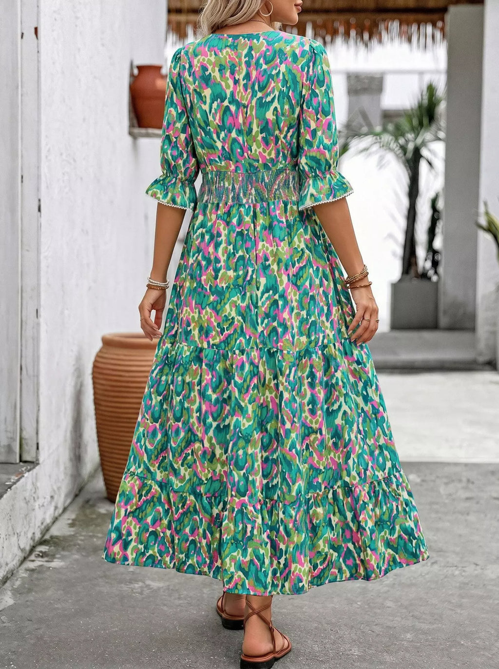 Printed V-Neck Flounce Sleeve Dress
