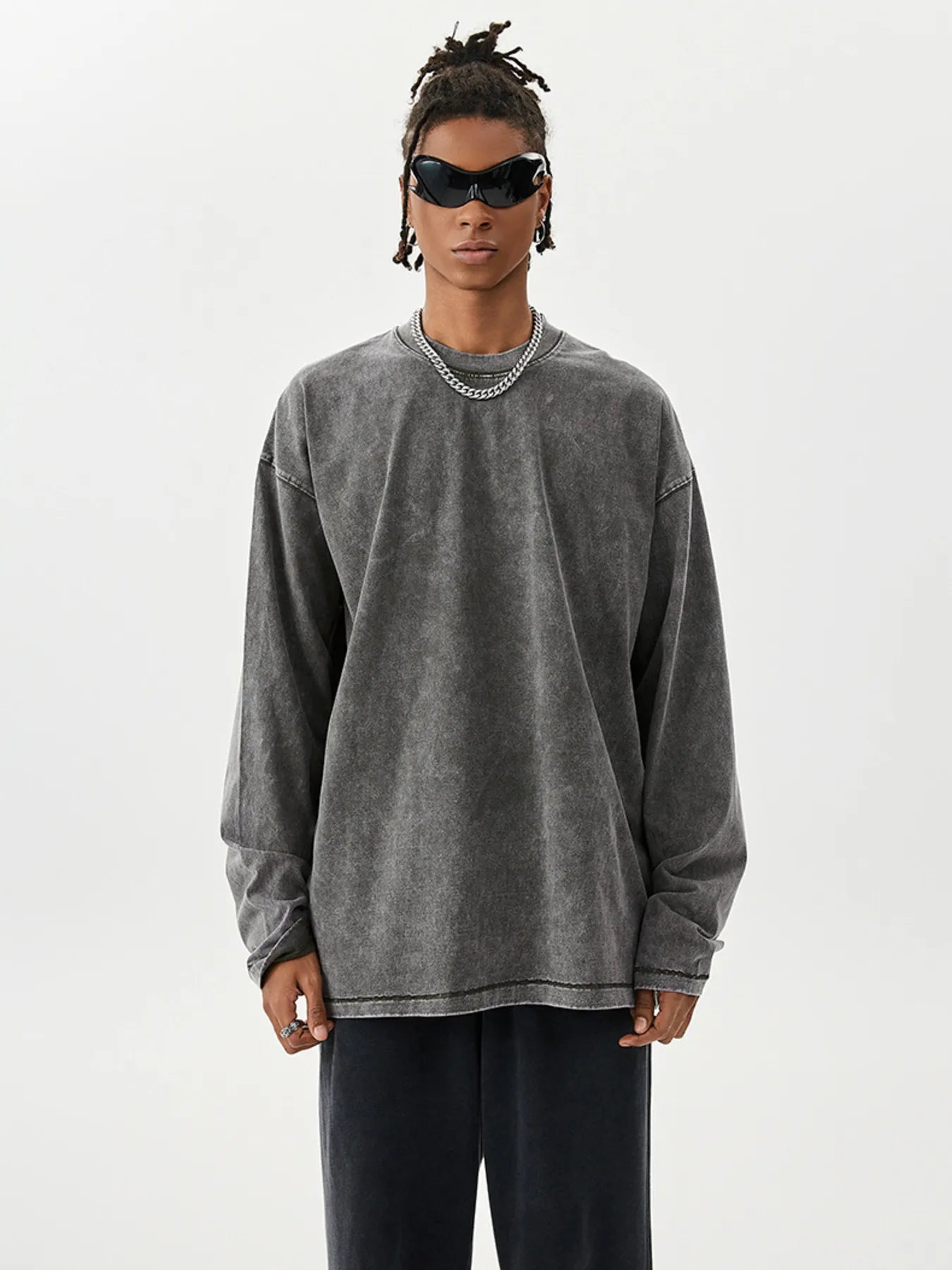 Men's Washed Round Neck Long Sleeve T-Shirt