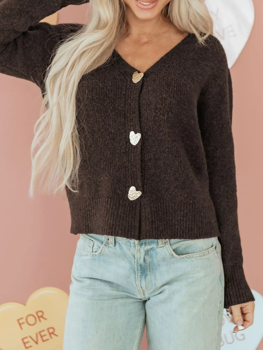 Heart Metal Button V Neck Cardigan Sweater