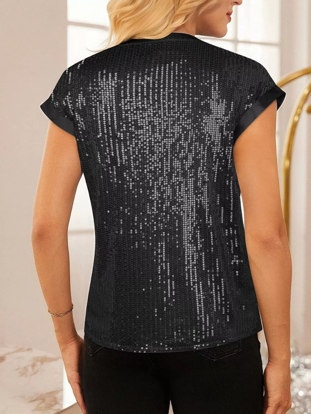 Sequin Notched Cap Sleeve Blouse