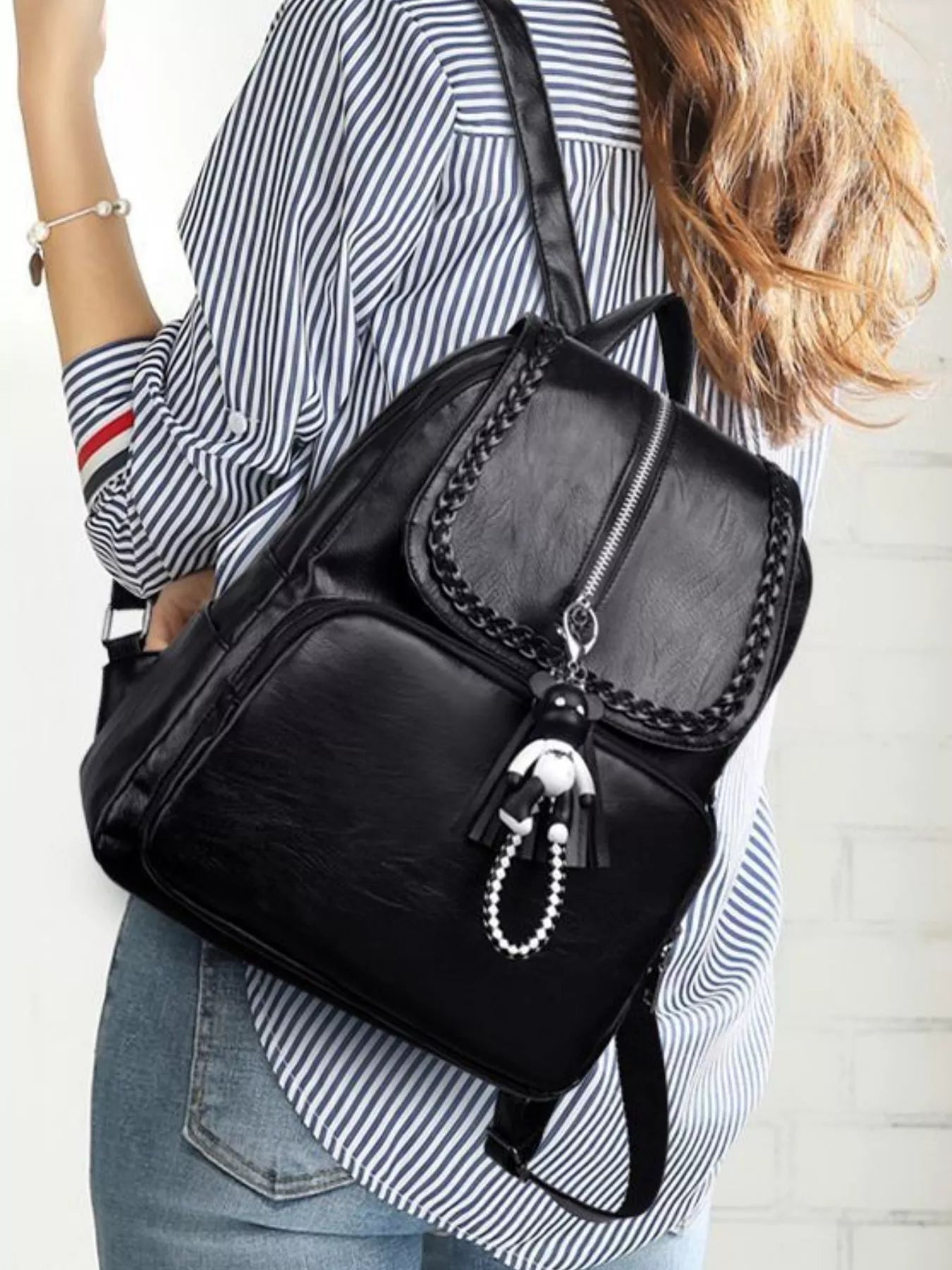 Braided Trim Leather Backpack Bag