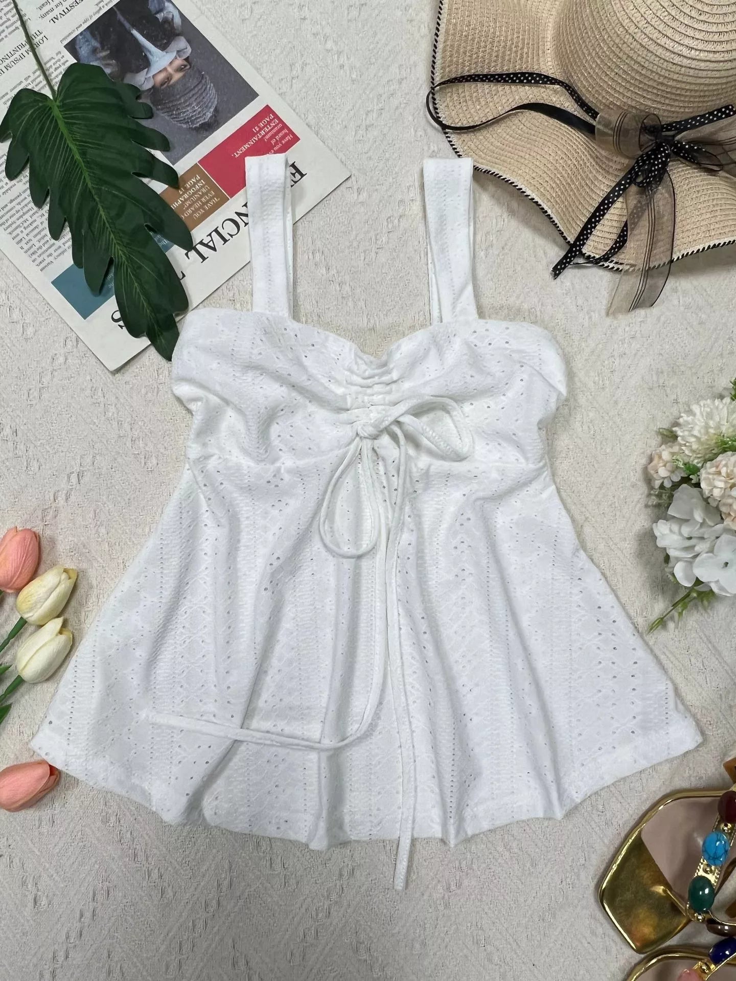Eyelet Embroidered Drawstring Cami Top