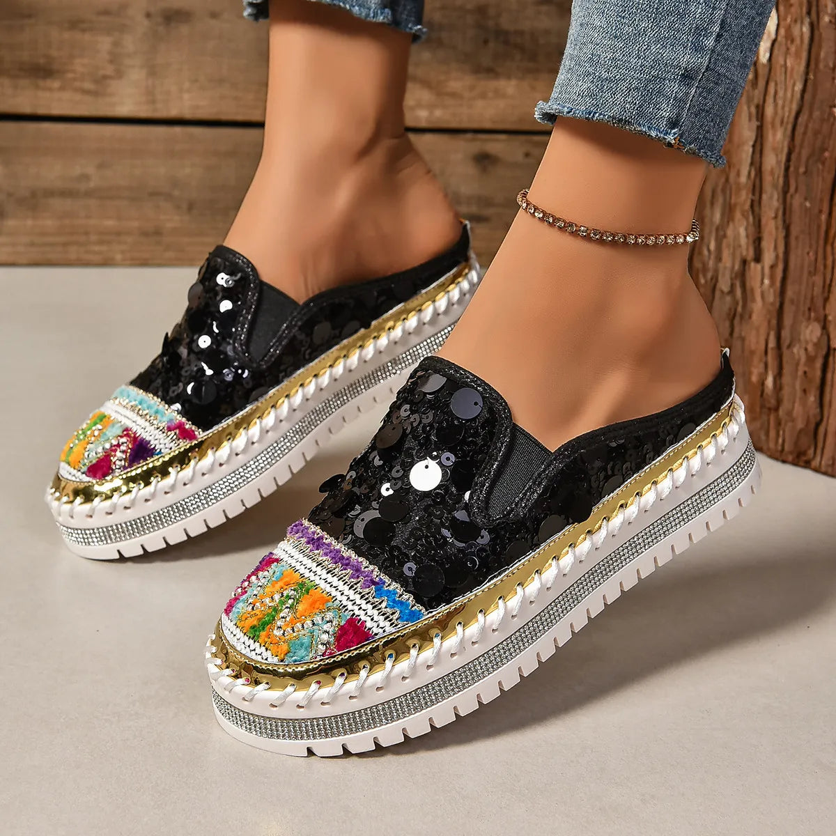 Sequin Round Toe Platform Loafers