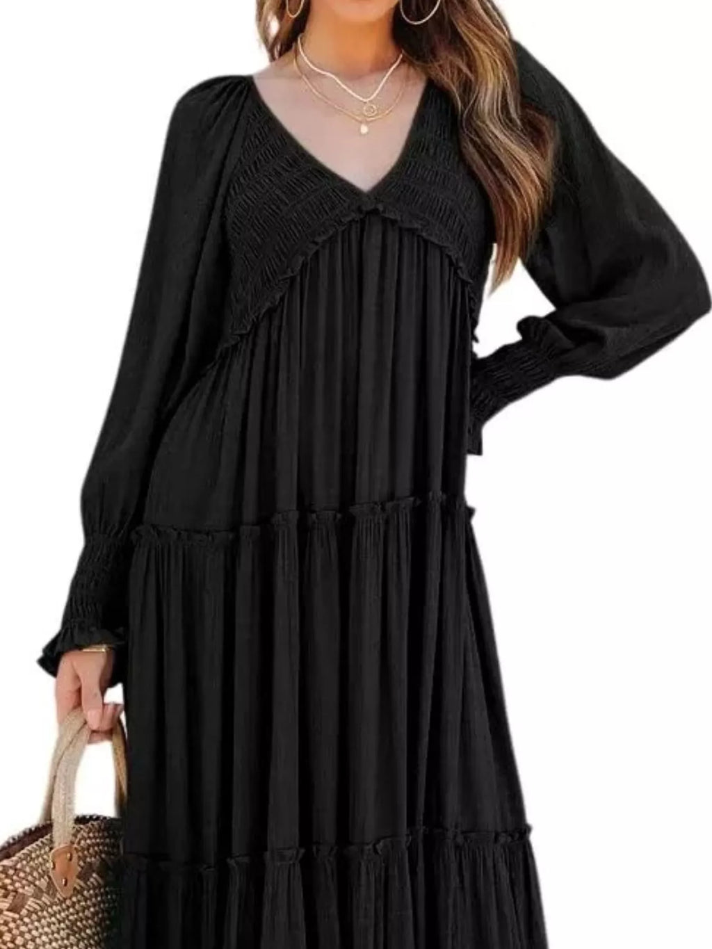 V-Neck Long Sleeve Tiered Maxi Dress