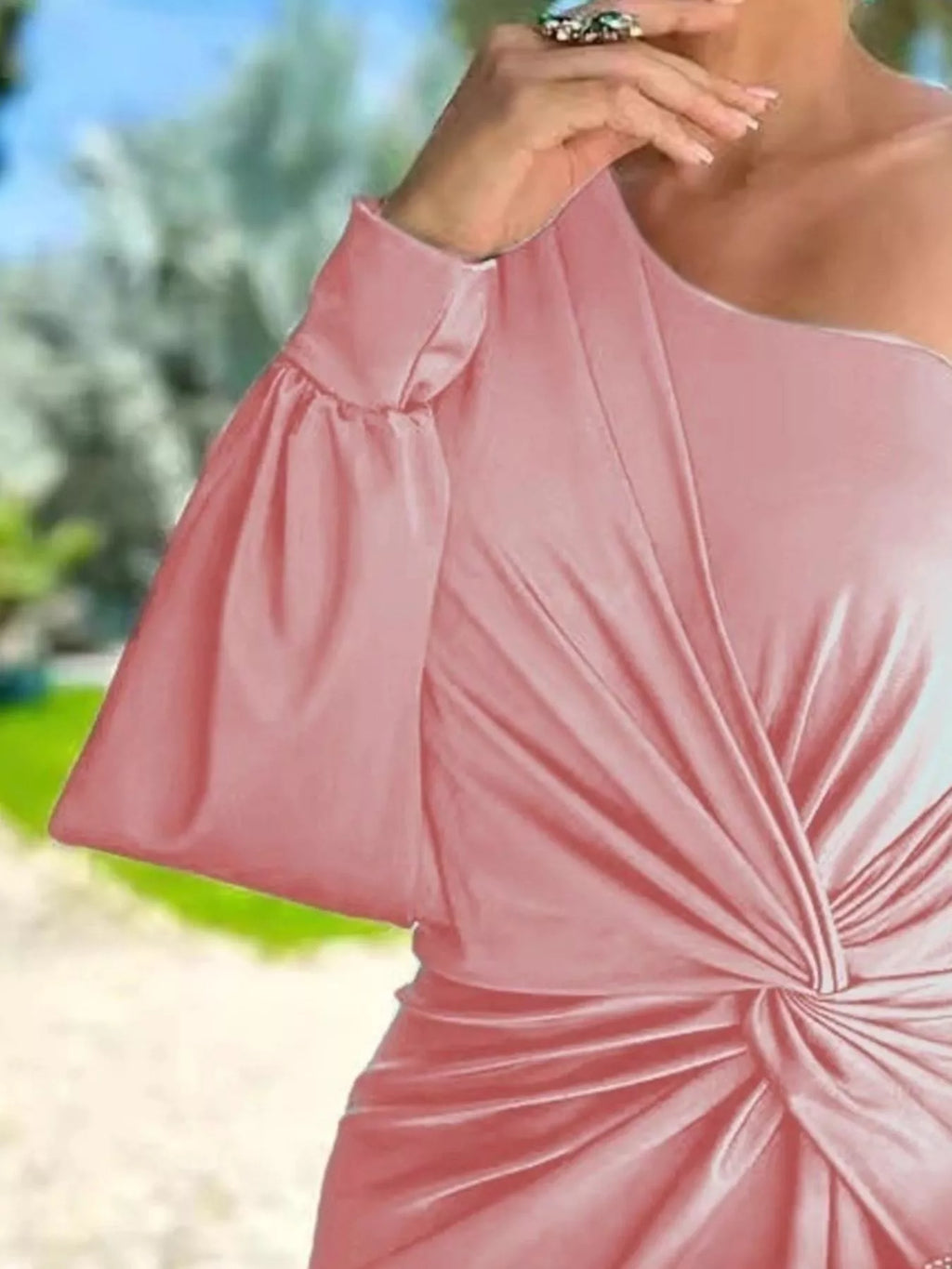 Full Size One-Shoulder Knot Detail Slit Maxi Dress Plus Size