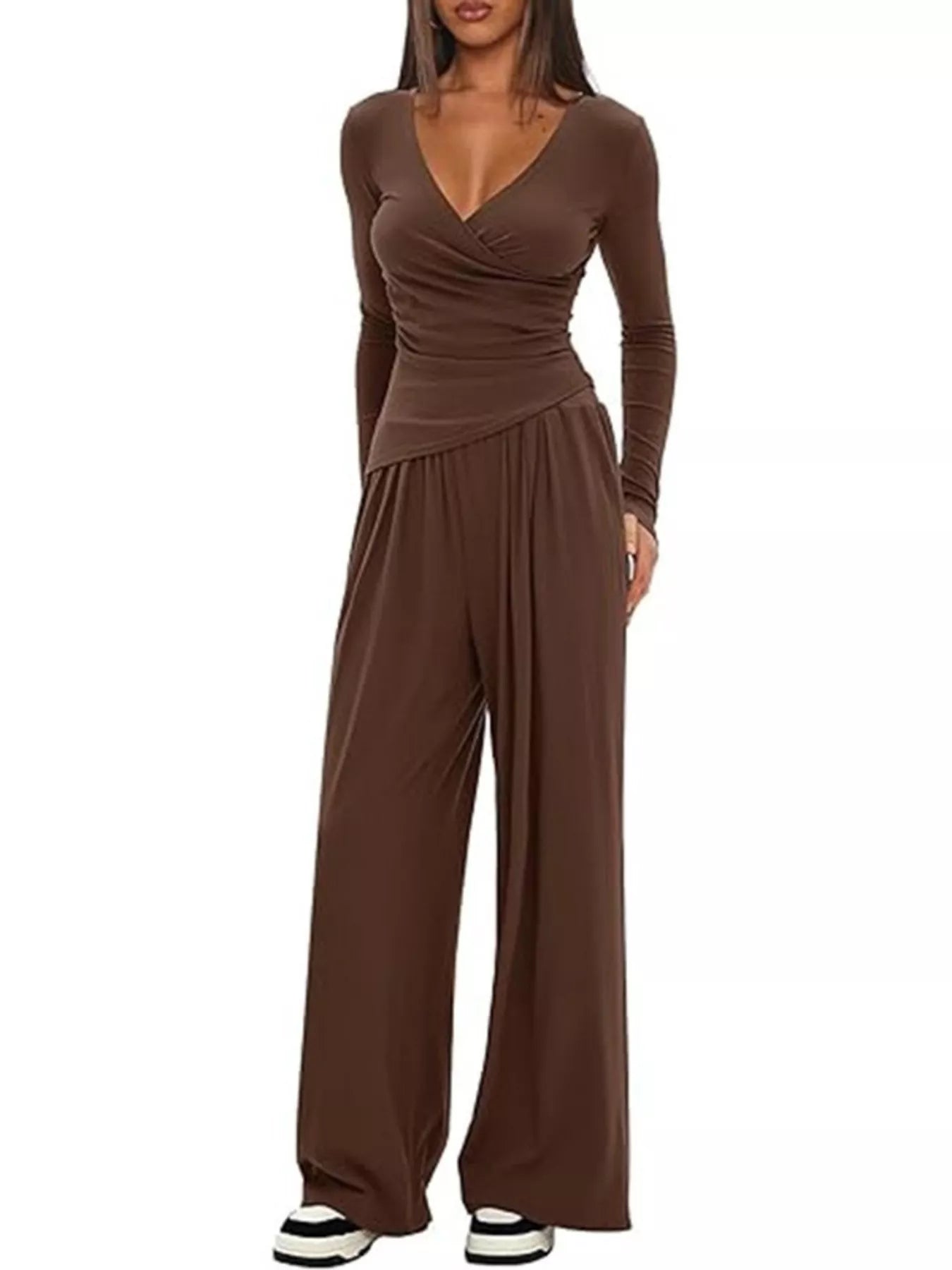 Casual Long Sleeve Top and Wide Leg Pants Set