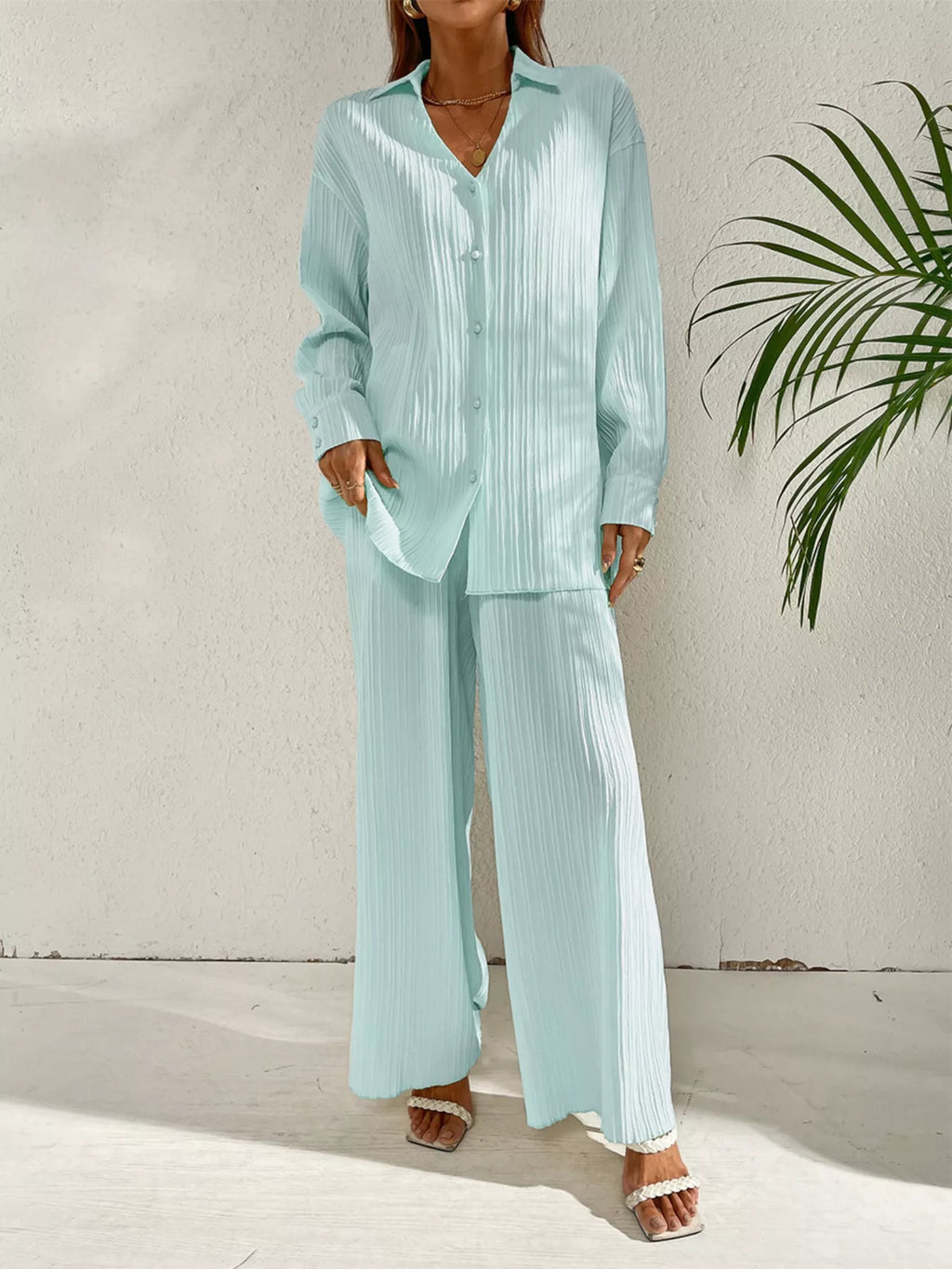 Long Sleeve Shirt & Wide Leg Pants Set