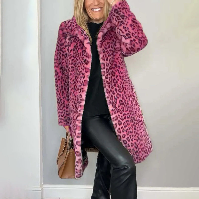 Leopard Print Plush Jacket — Cozy Loose-Fit Mid-Length Outwear