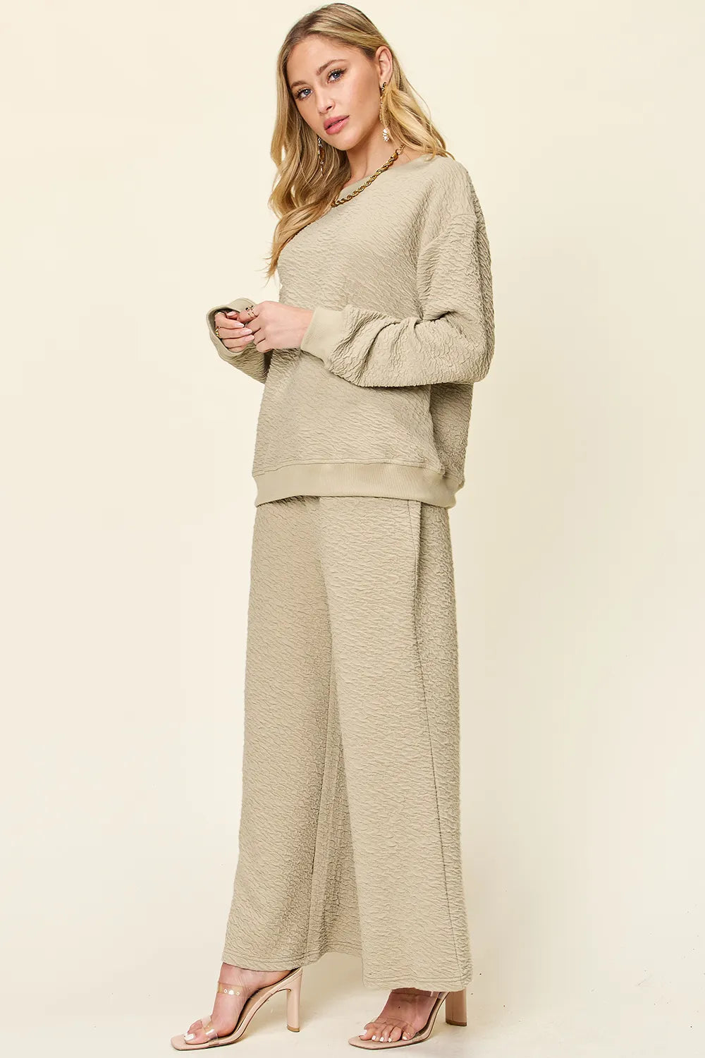 Double Take Full Size Texture Long Sleeve Top and Pants Set