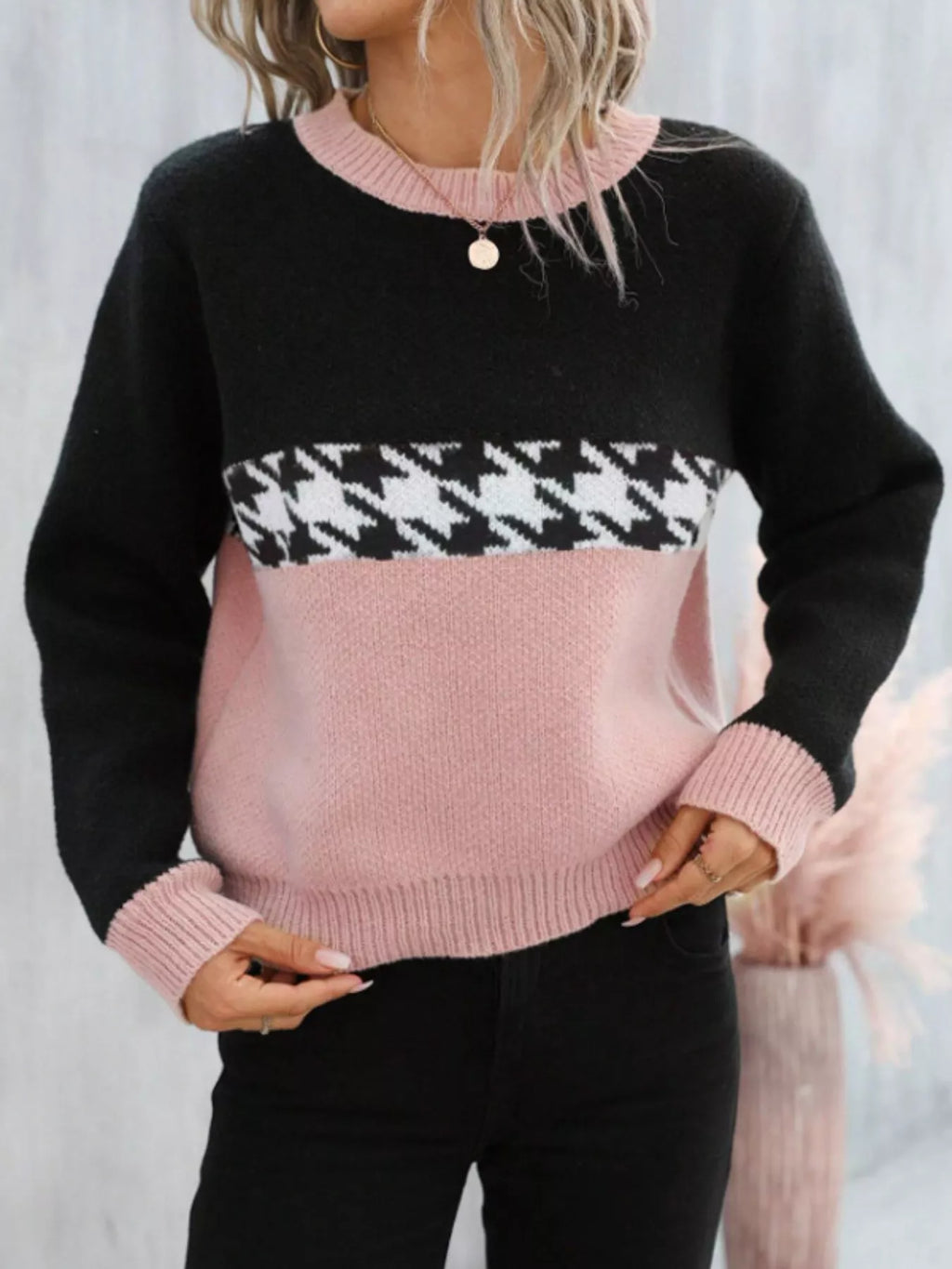 Color Block Houndstooth Sweater
