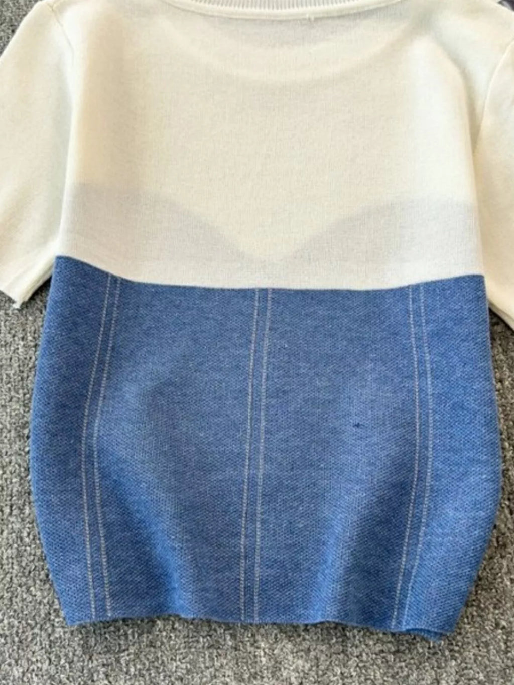 Color Block Short Sleeve Knit T-Shirt