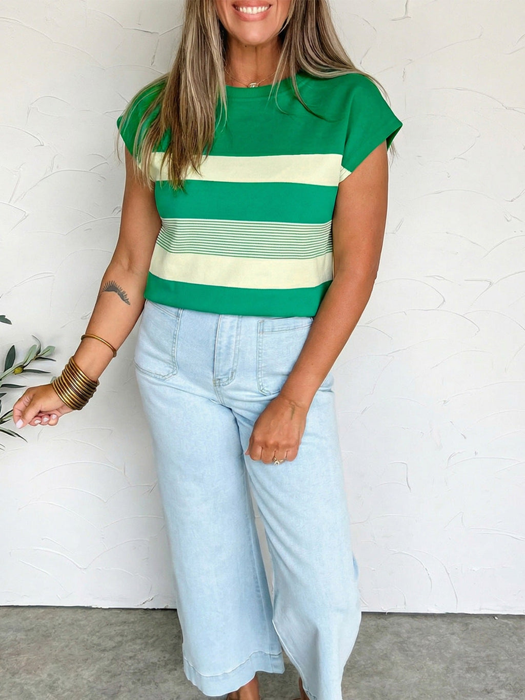 Stripe Mixed Print Crew Neck Cap Sleeve T Shirt