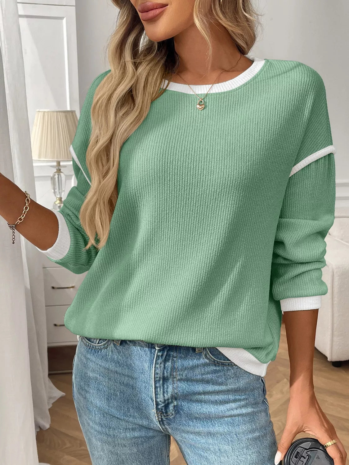 Ribbed Knit Contrast Trim Sweater