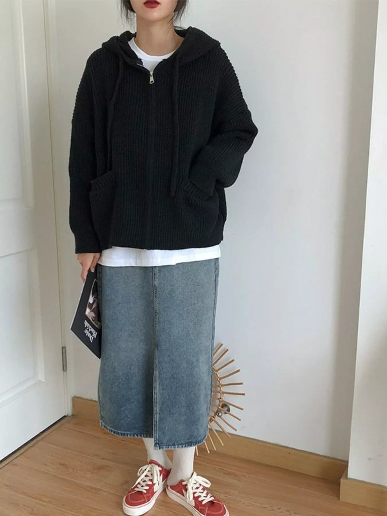 Full Size Casual Knitted Zip-Up Hooded Cardigan Plus Size