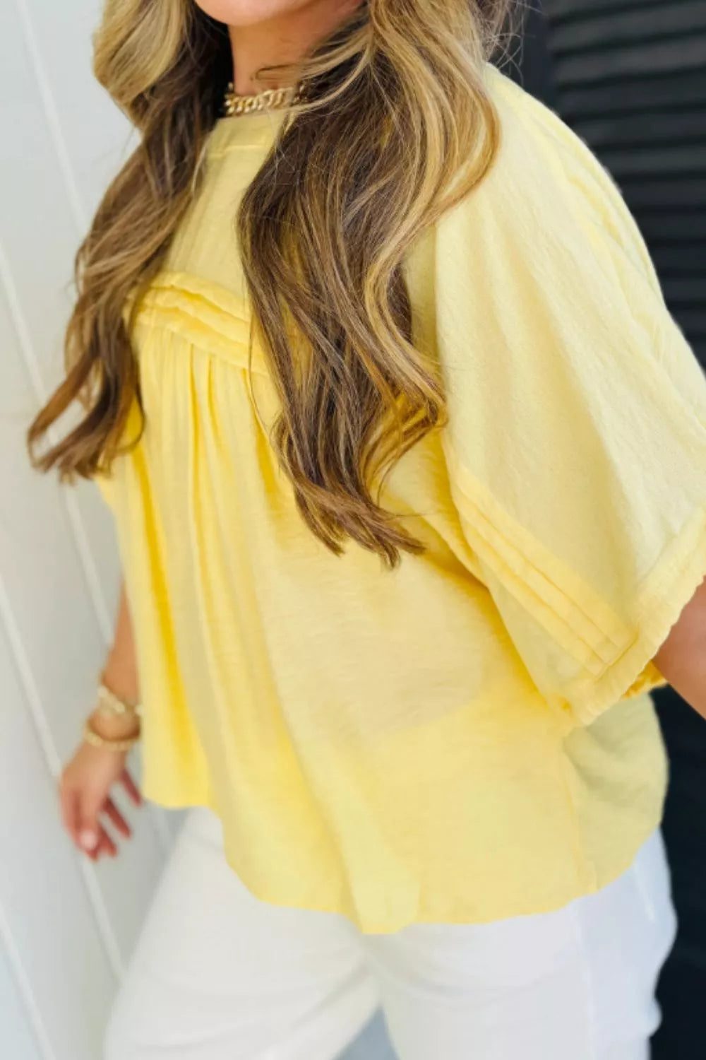 Tie Half Sleeve Pleated Detail Babydoll Blouse