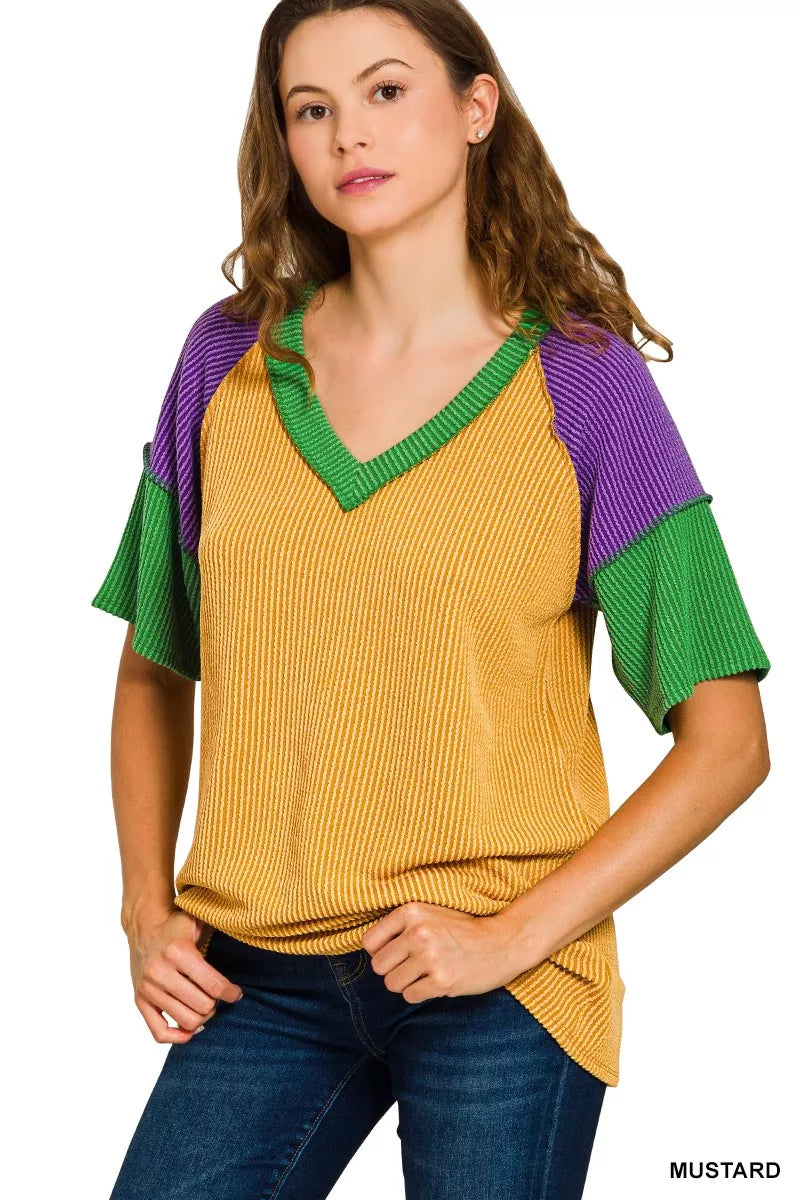 Zenana Mardi Gras Raised Rib Color Block Top
