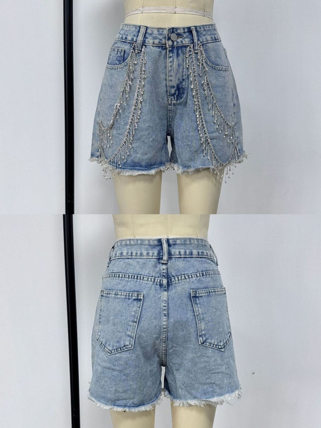 Rhinestone Chain Raw Hem Denim Shorts