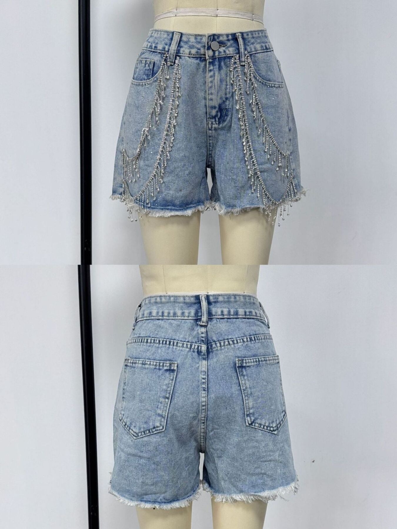 Rhinestone Chain Raw Hem Denim Shorts
