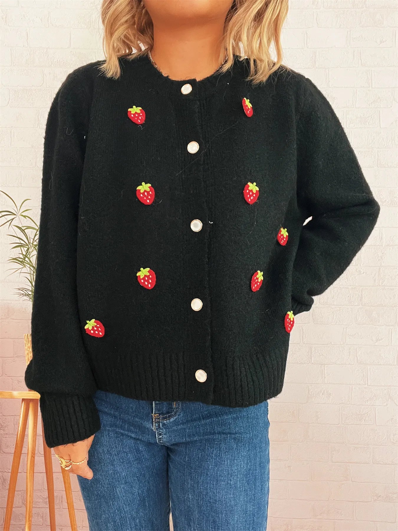 Strawberry Button Up Long Sleeve Cardigan