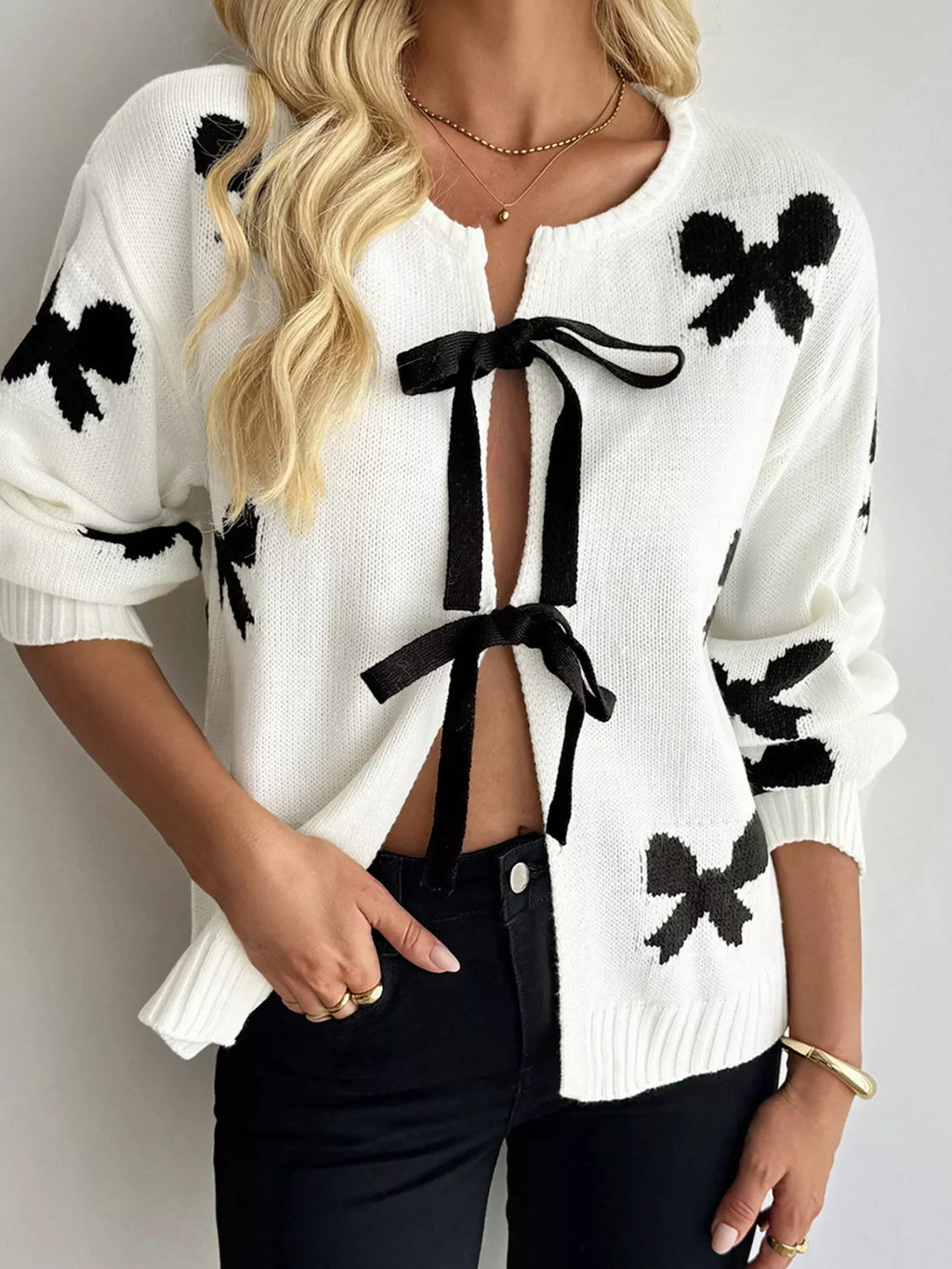 Tie Front Bow Pattern Cardigan