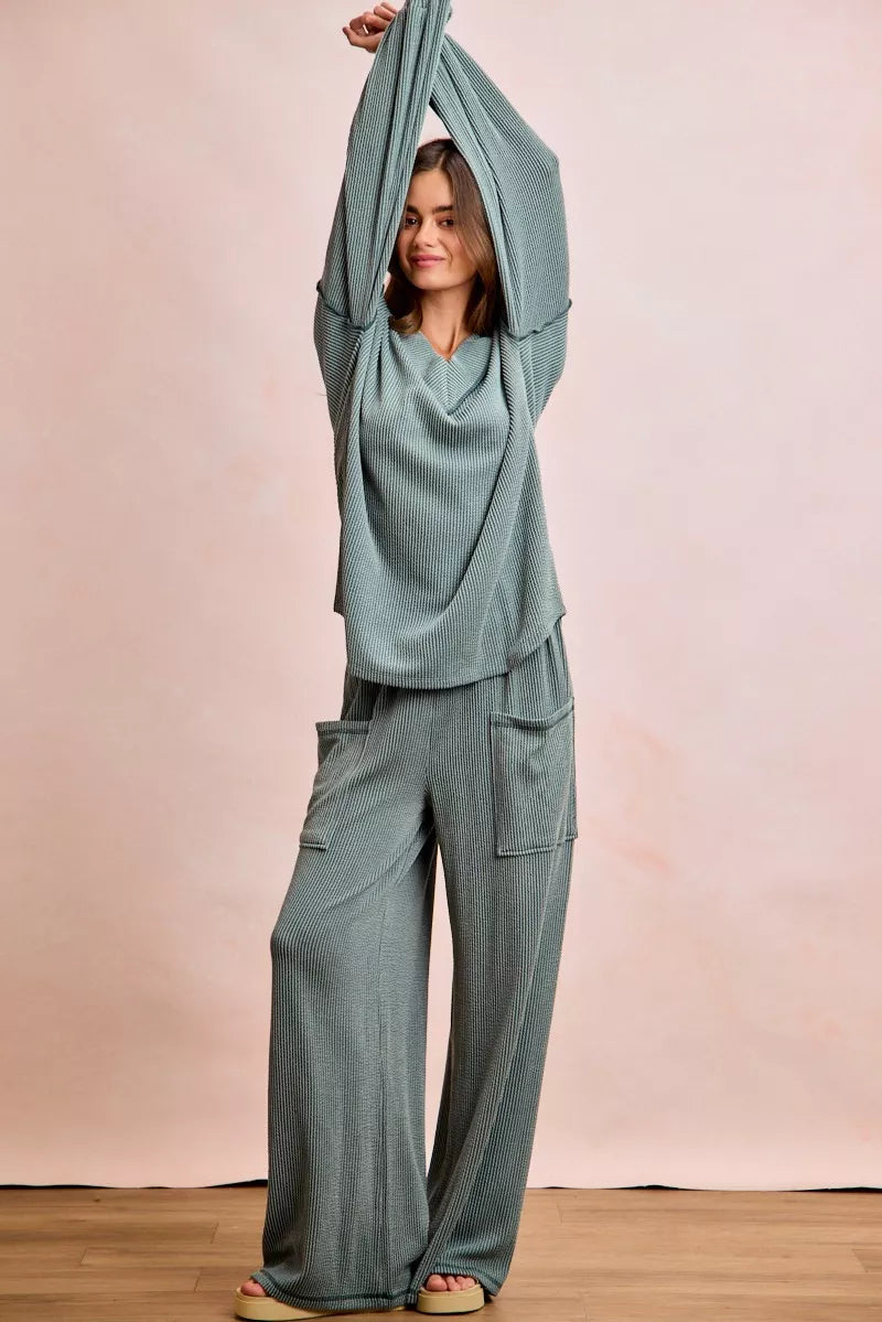 BiBi Two Tone Cord Rib Contrast Stitching V-Neck Top and Pants Set