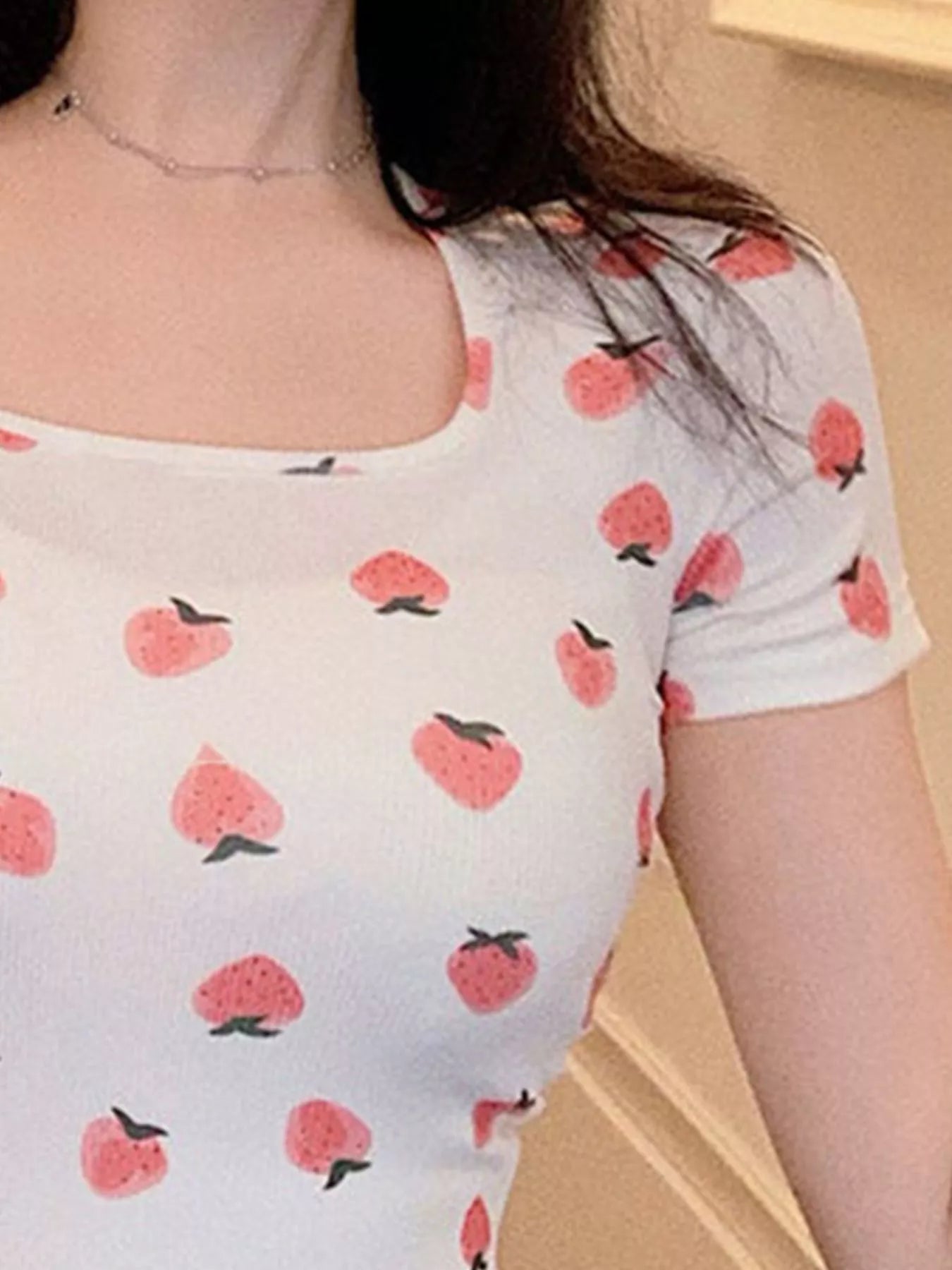 Fruit Print Square Neck Slim Fit T-Shirt