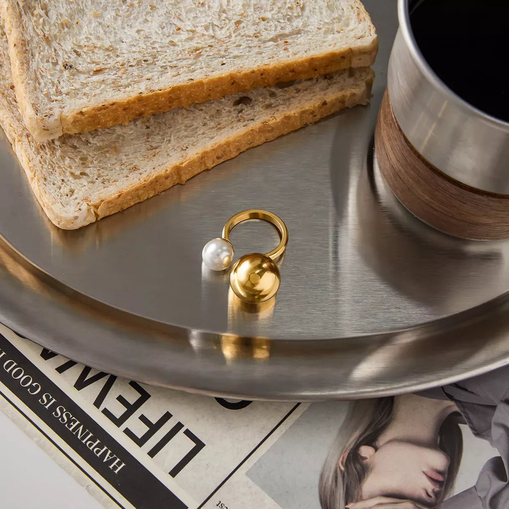 18K Gold-Plated Orb & Pearl Open Ring