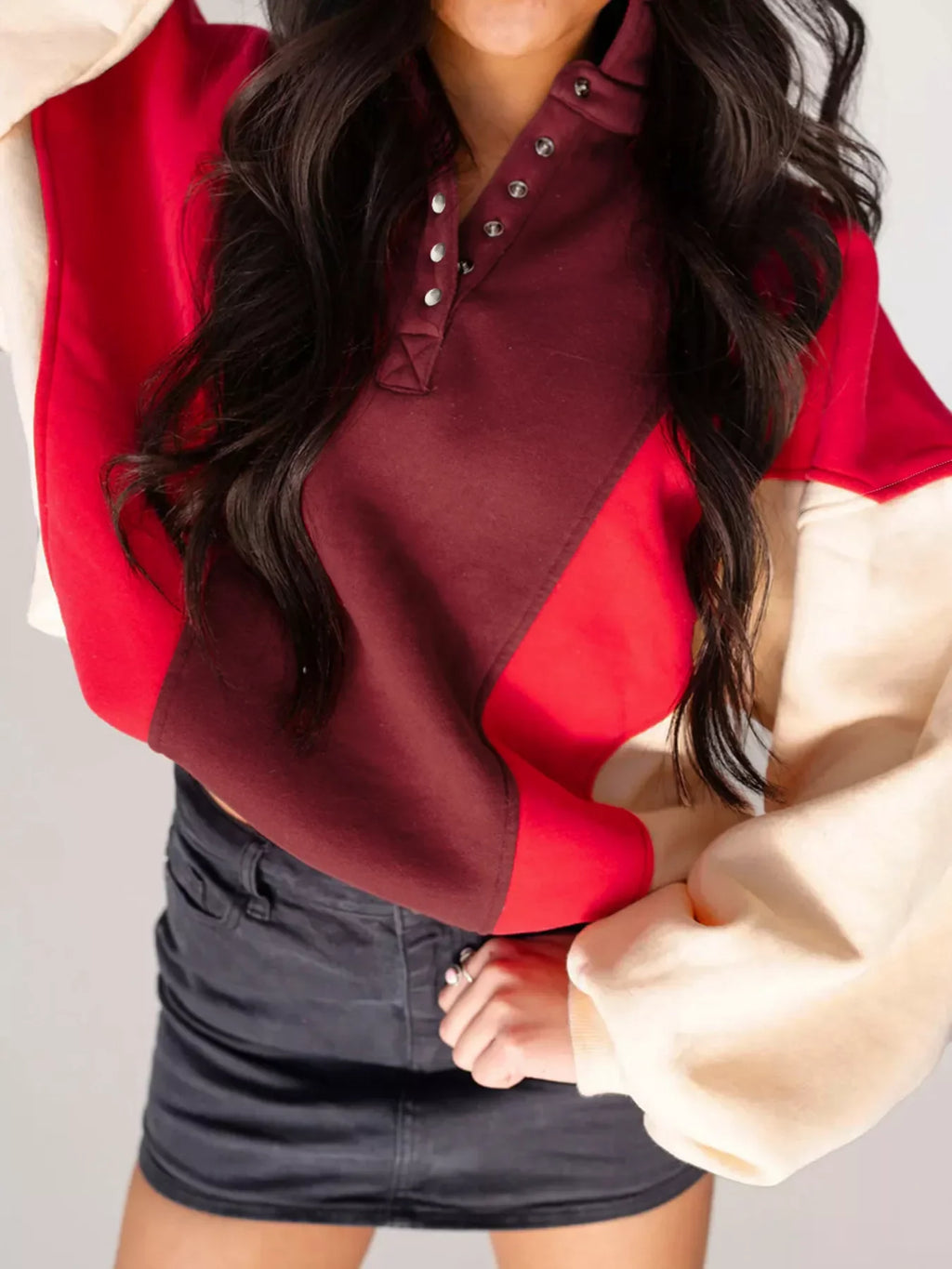Color Block Patchwork Snap Button Oversize Hoodie