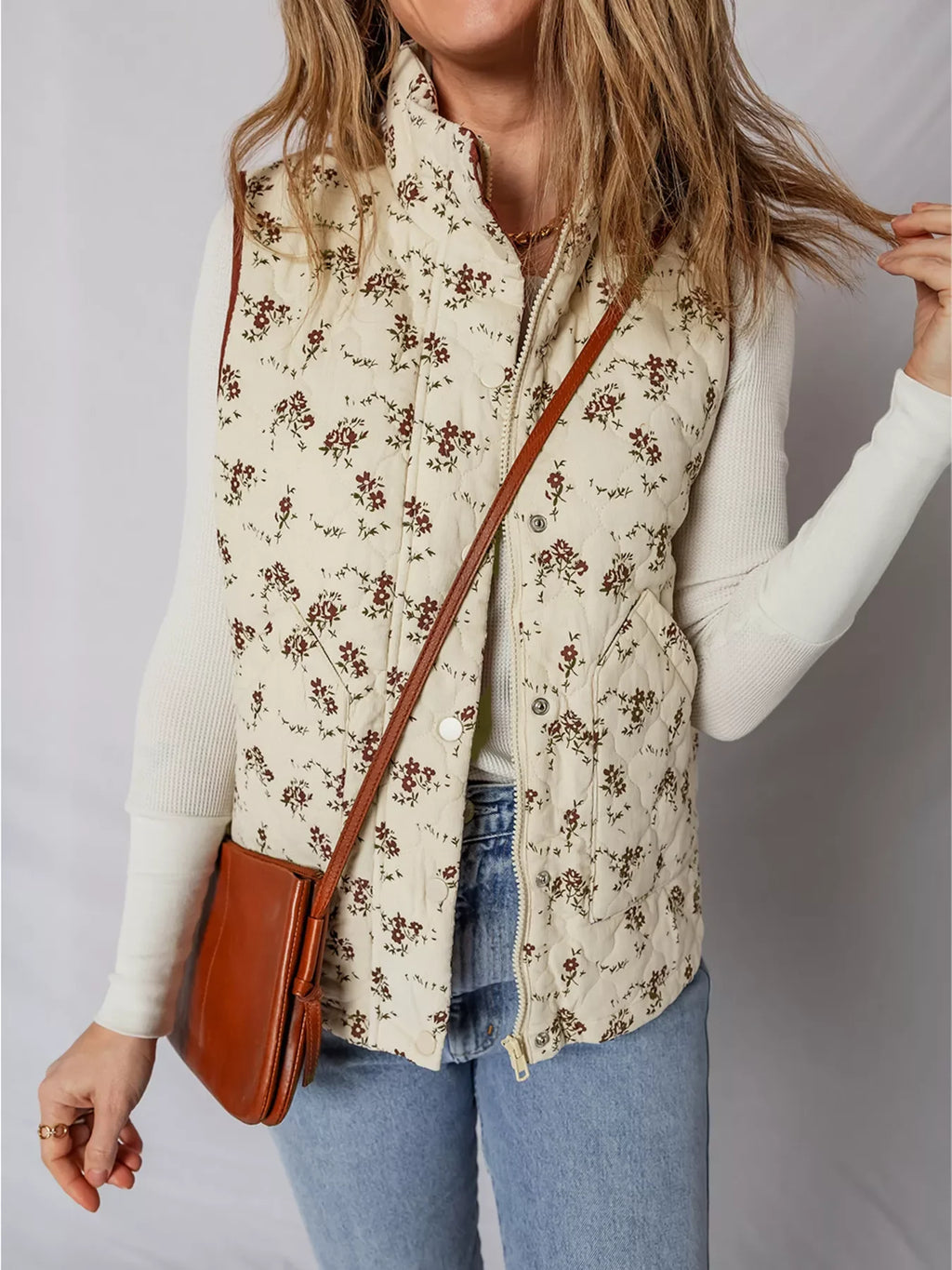 Floral Print Zip Up Quilted Vest