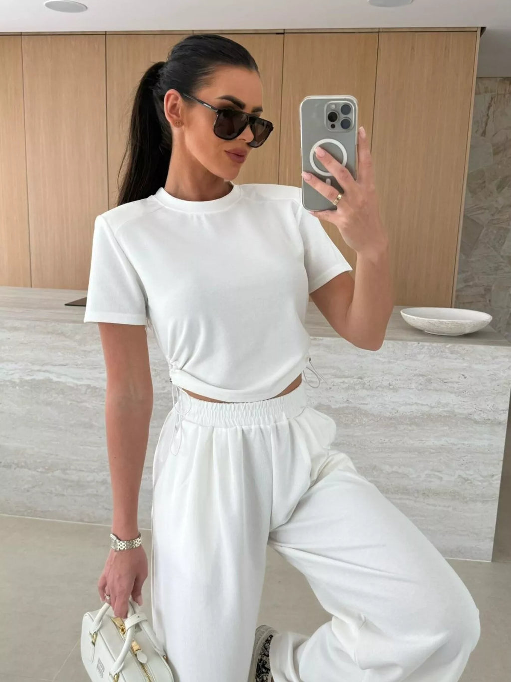Drawstring Crop Top and Wide-Leg Pants Set