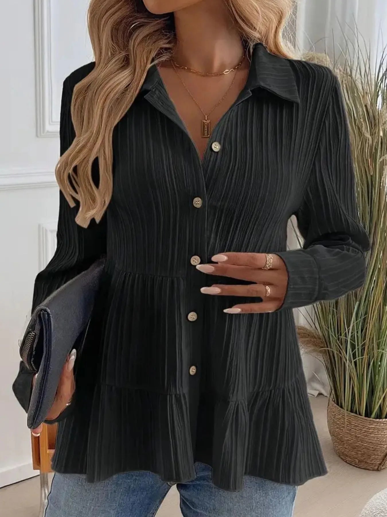 Striped Button-Down Tiered Shirt