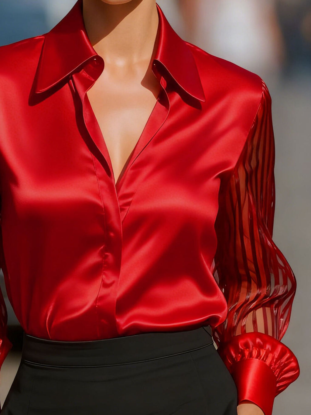 Collared Neck Sheer Sleeve Shirt