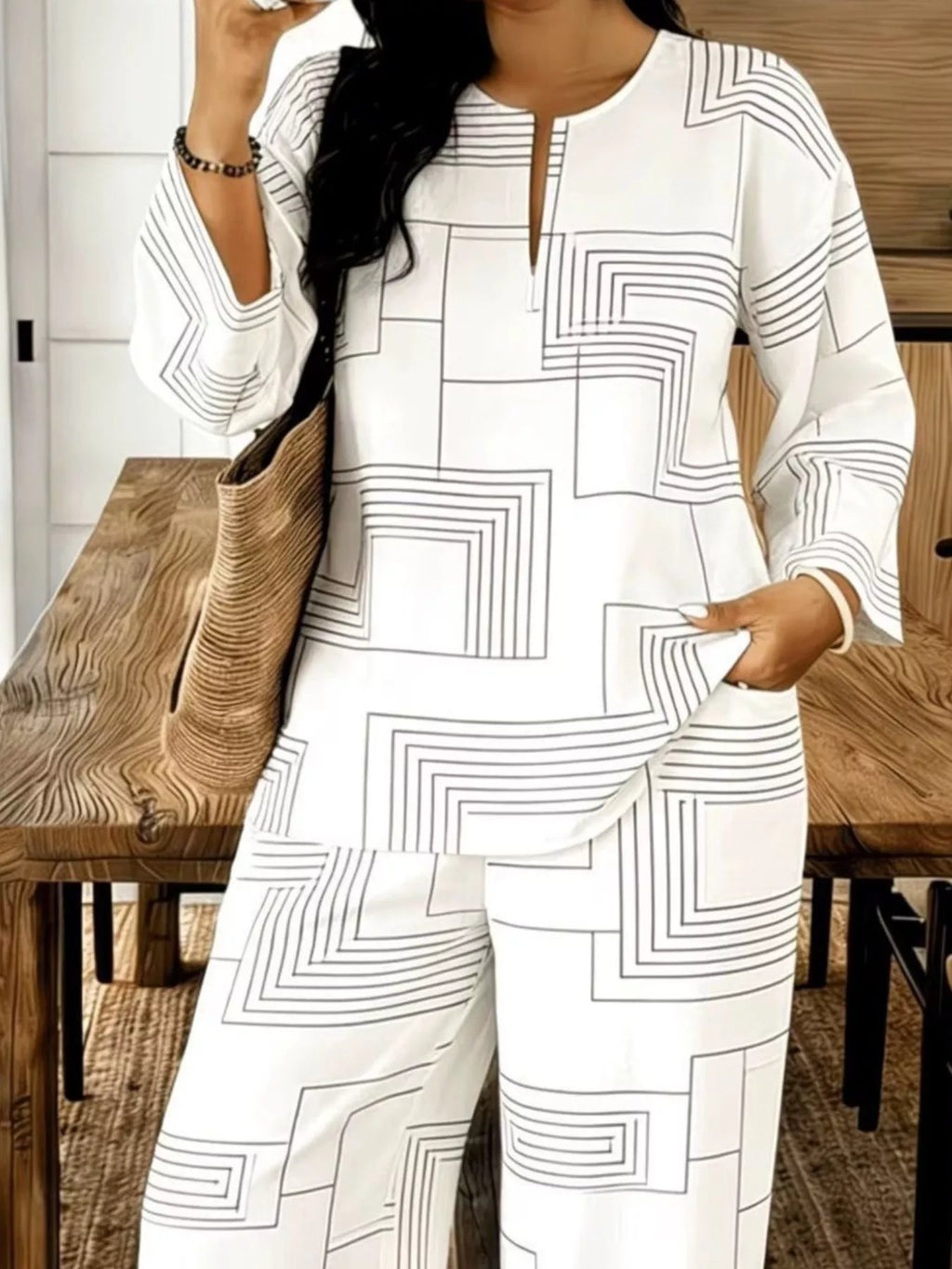 Geometric Print Relaxed Fit Top and Pants Set