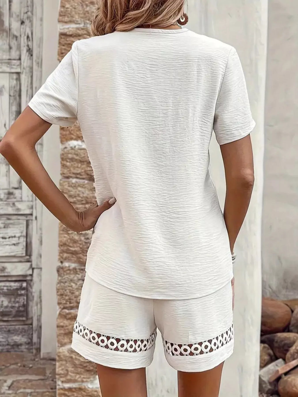 Lace Trim V-Neck Top and Shorts Two-Piece Set