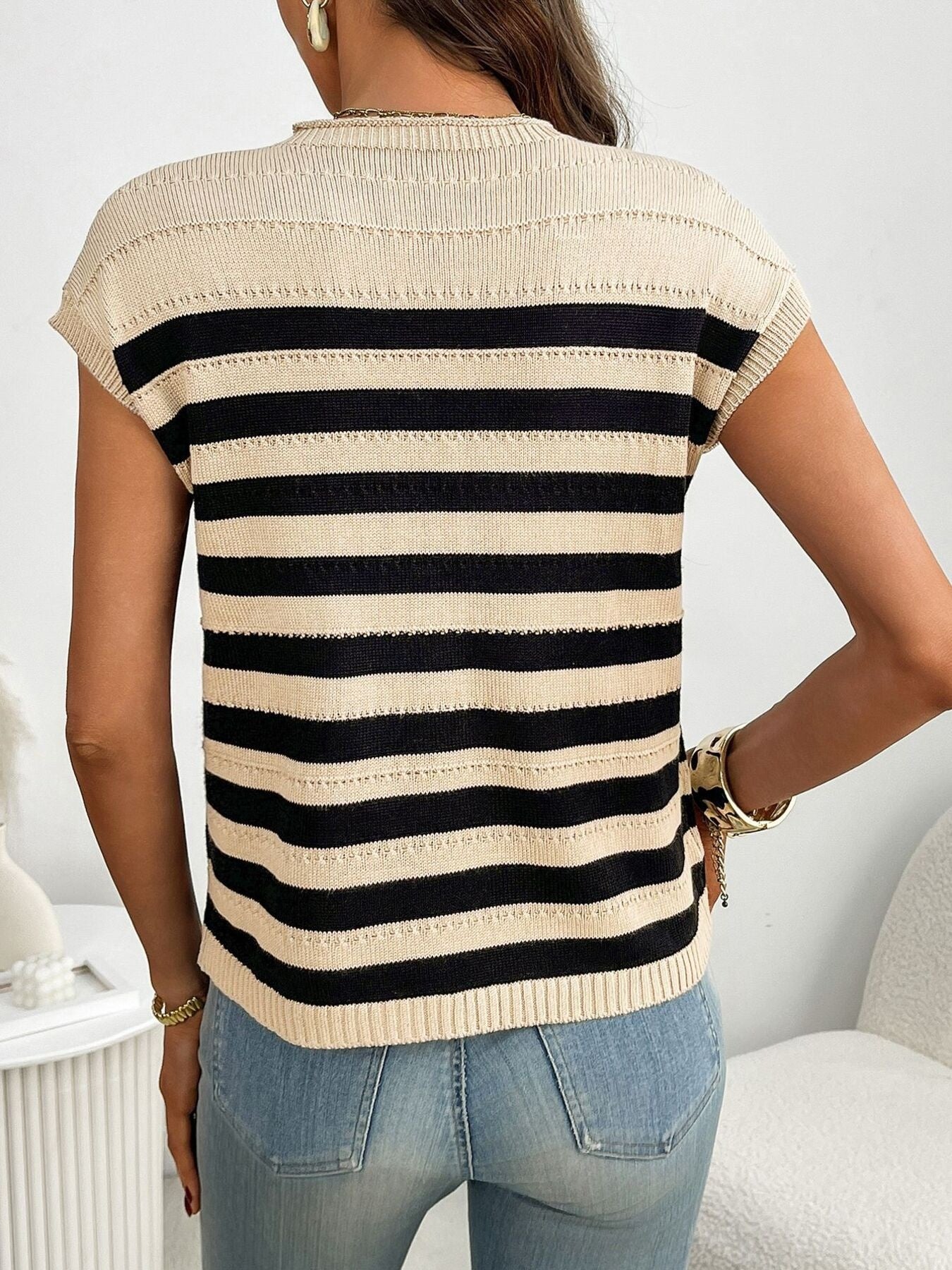 Striped Knit Pocket Detail Cap Sleeve Sweater