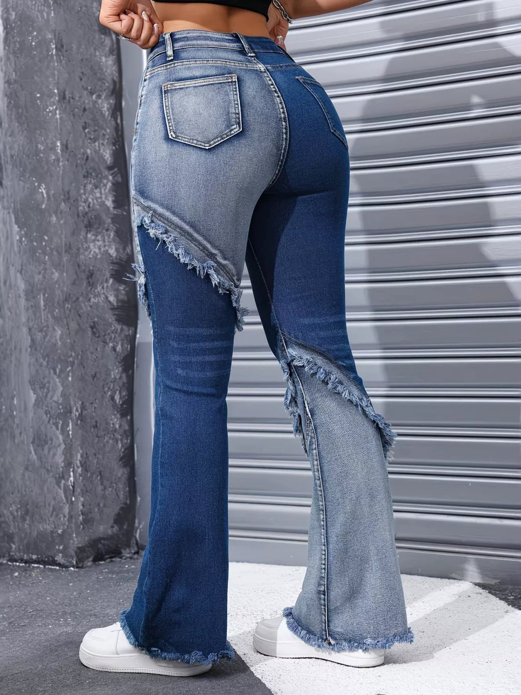 Two Tone Frayed Hem Flare Jeans