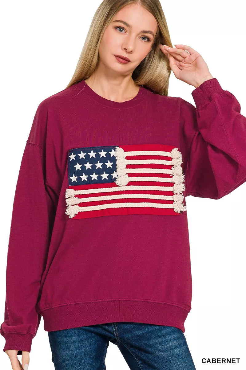 Zenana French Terry American Flag Pullover
