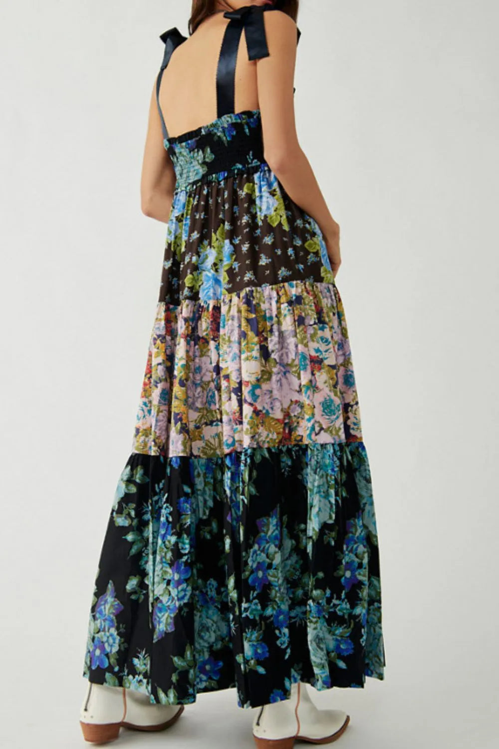Floral Tiered Maxi Dress with Mixed Print Design