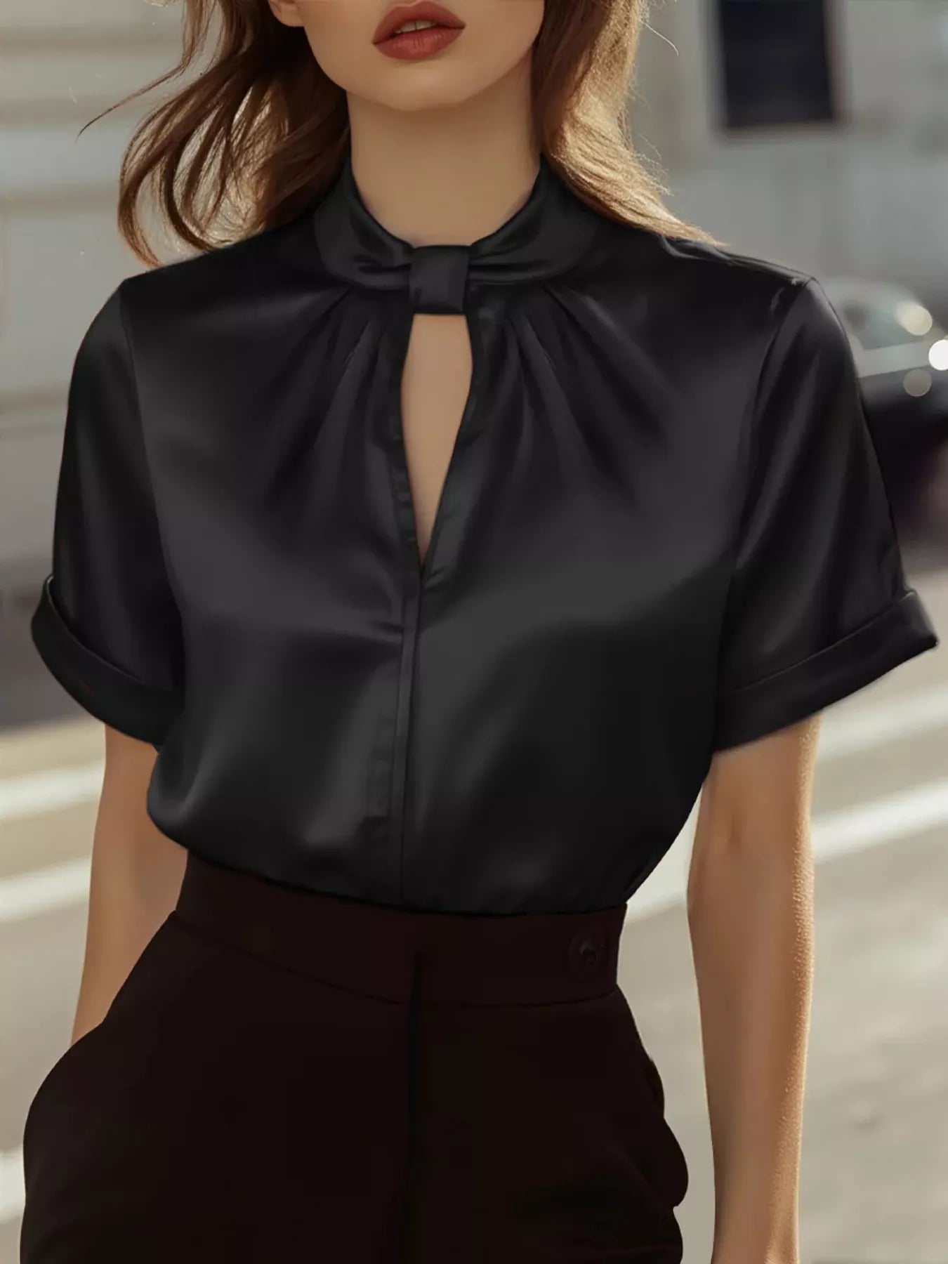 Keyhole Neck Satin Short Sleeve Blouse