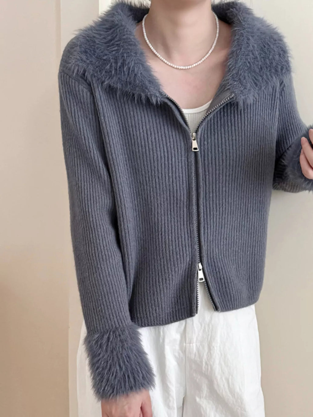 Fluffy Trim Zip-Up Cardigan