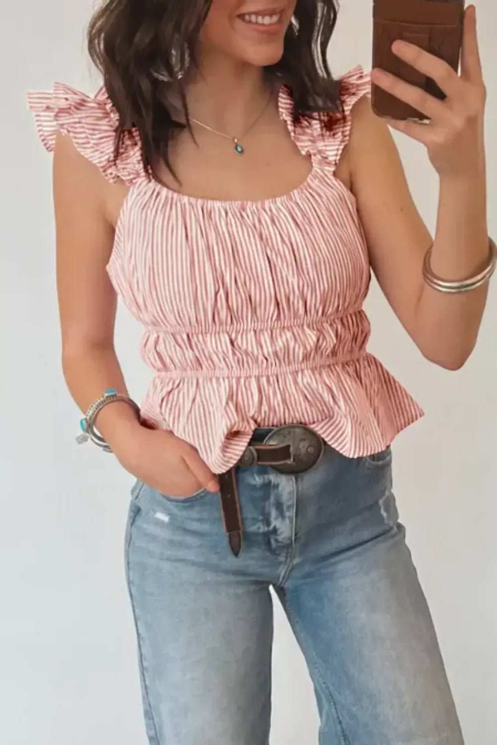 Striped Ruffle Sleeve Smocked Blouse