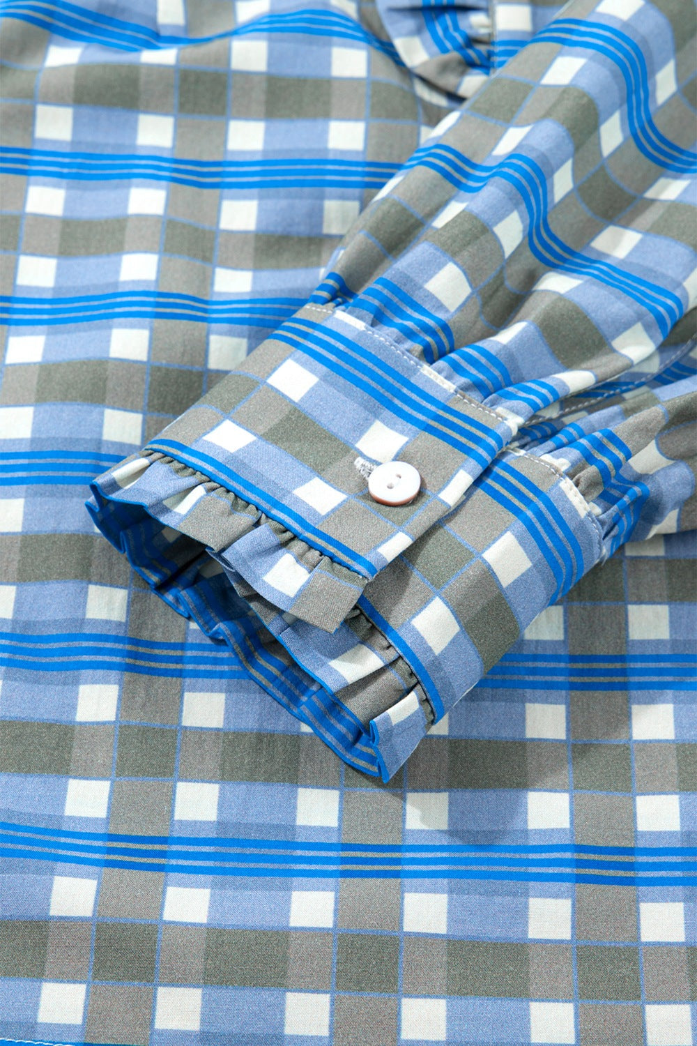 Plaid Long Sleeve Frilled Detail Half Button Blouse