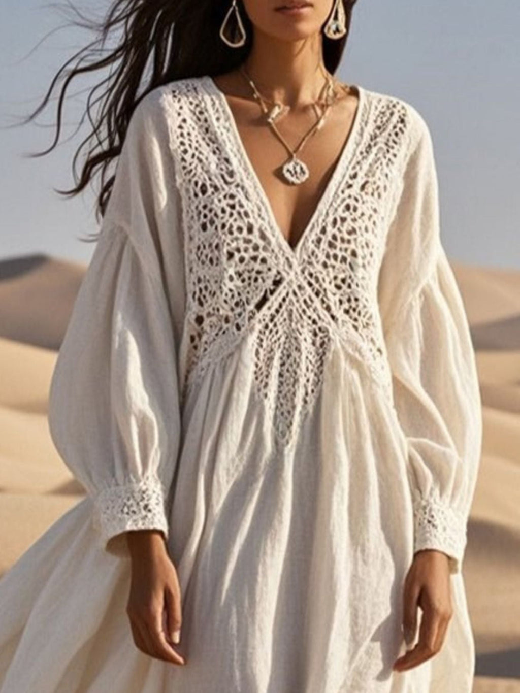 Crochet Trimmed V-Neck Midi Dress