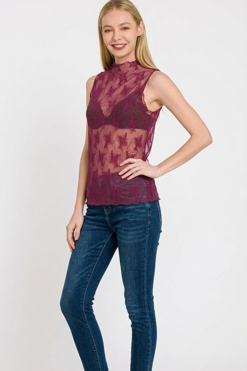 Zenana Lace See-through Layering Sleeveless Top
