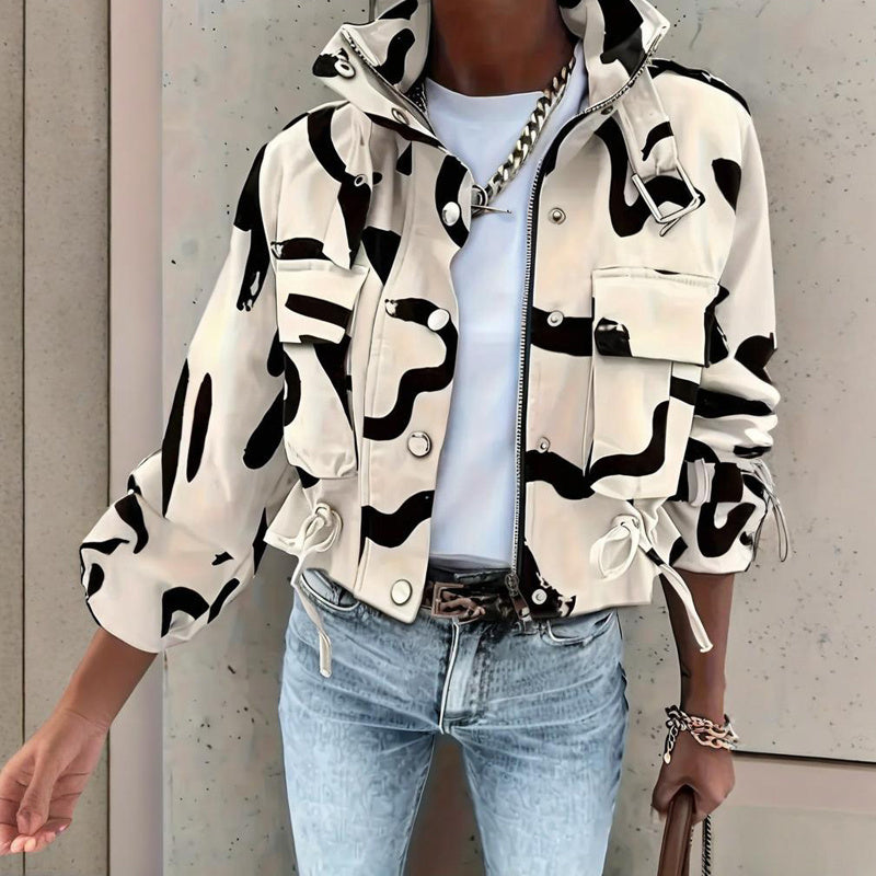 Women’s stand collar drawstring hem jacket