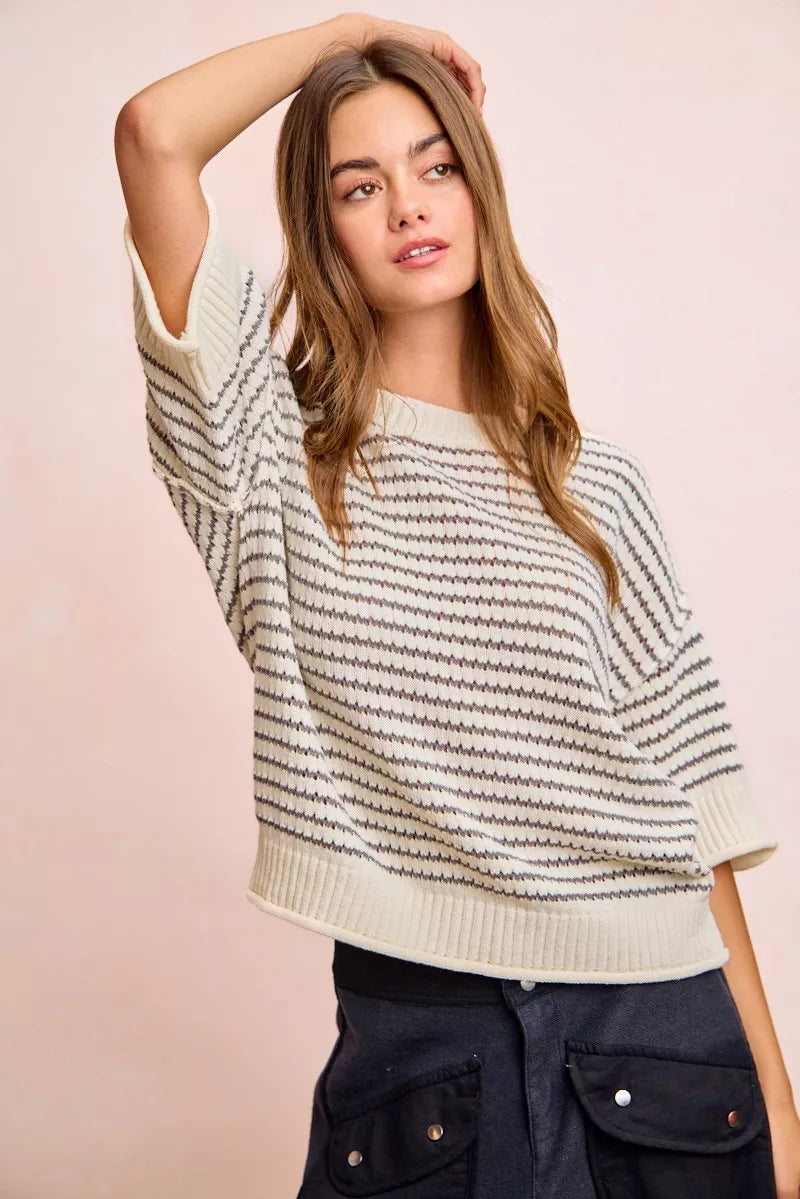 BiBi Stripes Short Sleeves Rib Banded Outseam Knit Top