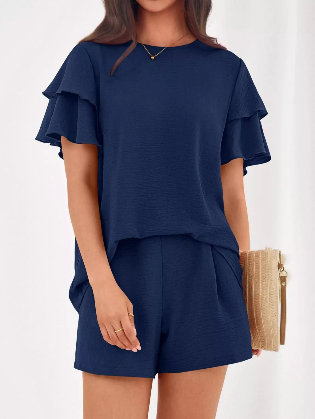 Ruffle Sleeve Top and Shorts Two-Piece Set
