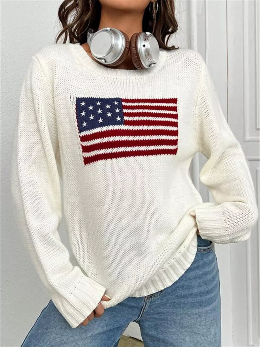 US Flag Round Neck Long Sleeve Sweater