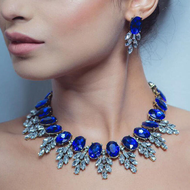 Accessories Handmade Exaggerated Colorful Crystal Necklace Earrings Suite